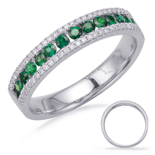 This Gem Stone Ring is available in 14K White Gold. There are a total of 79 stones. There are Emerald with a total carat weight of 0.34 set in a Channel Set|Micro Prong setting.There are Rounds stones with a total carat weight of 0.17 set in a Channel Set|Micro Prong.
