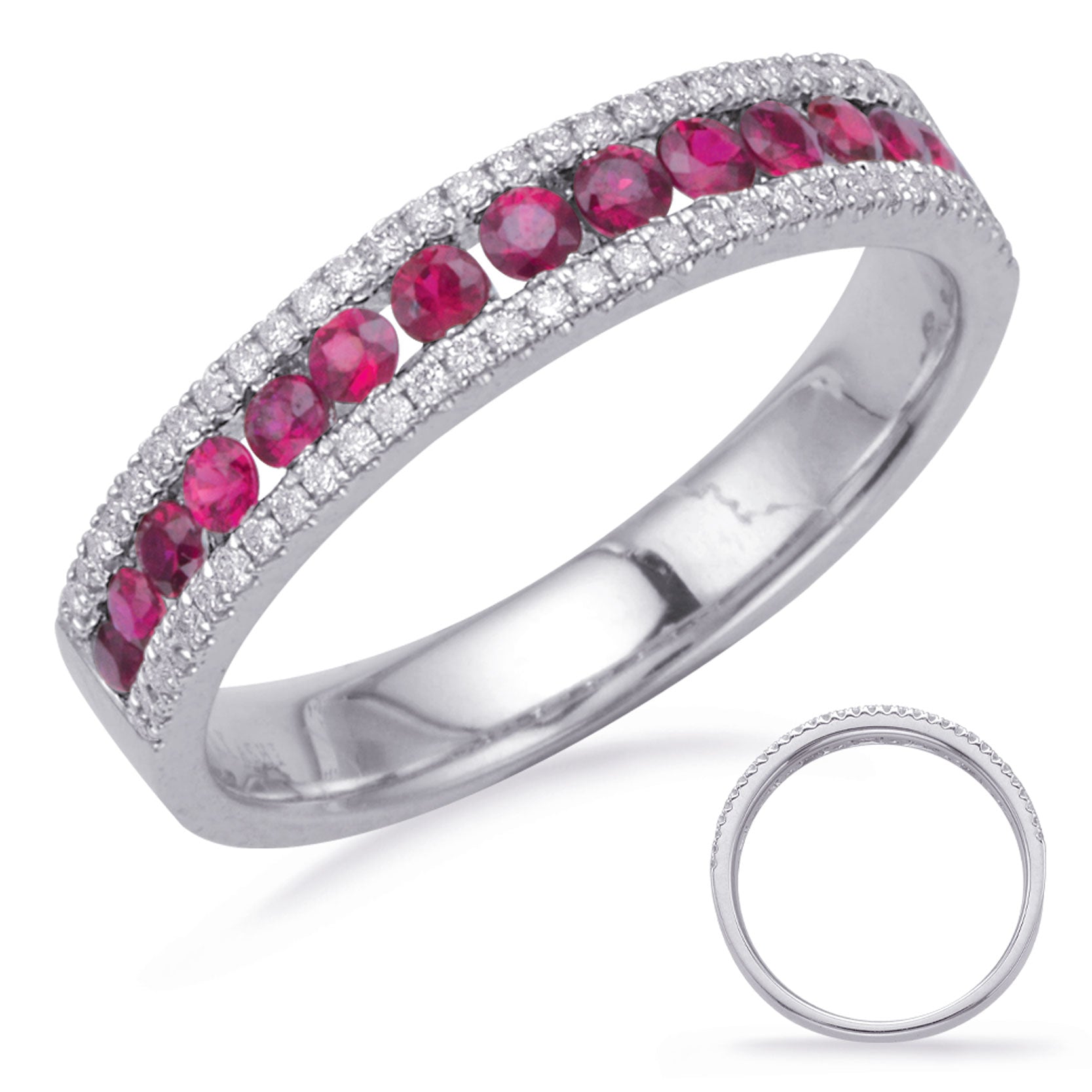 This Gem Stone Ring is available in 14K White Gold. There are a total of 79 stones. There are Rounds with a total carat weight of 0.17 set in a Channel Set|Micro Prong setting.There are Ruby stones with a total carat weight of 0.48 set in a Channel Set|Micro Prong.
