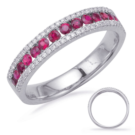 This Gem Stone Ring is available in 14K White Gold. There are a total of 79 stones. There are Rounds with a total carat weight of 0.17 set in a Channel Set|Micro Prong setting.There are Ruby stones with a total carat weight of 0.48 set in a Channel Set|Micro Prong.