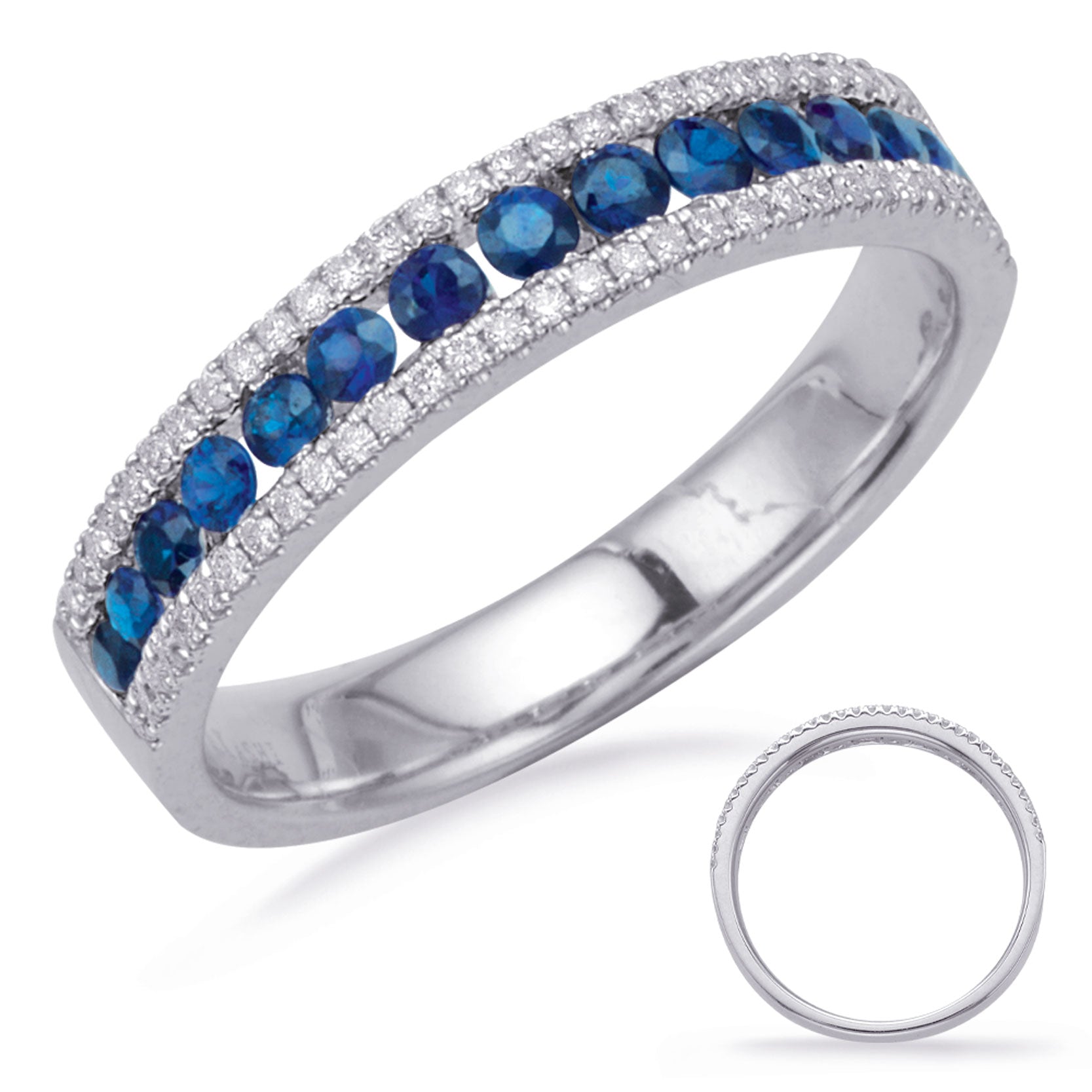 This Gem Stone Ring is available in 14K White Gold. There are a total of 79 stones. There are Rounds with a total carat weight of 0.17 set in a Channel Set|Micro Prong setting.There are Sapphire stones with a total carat weight of 0.47 set in a Channel Set|Micro Prong.