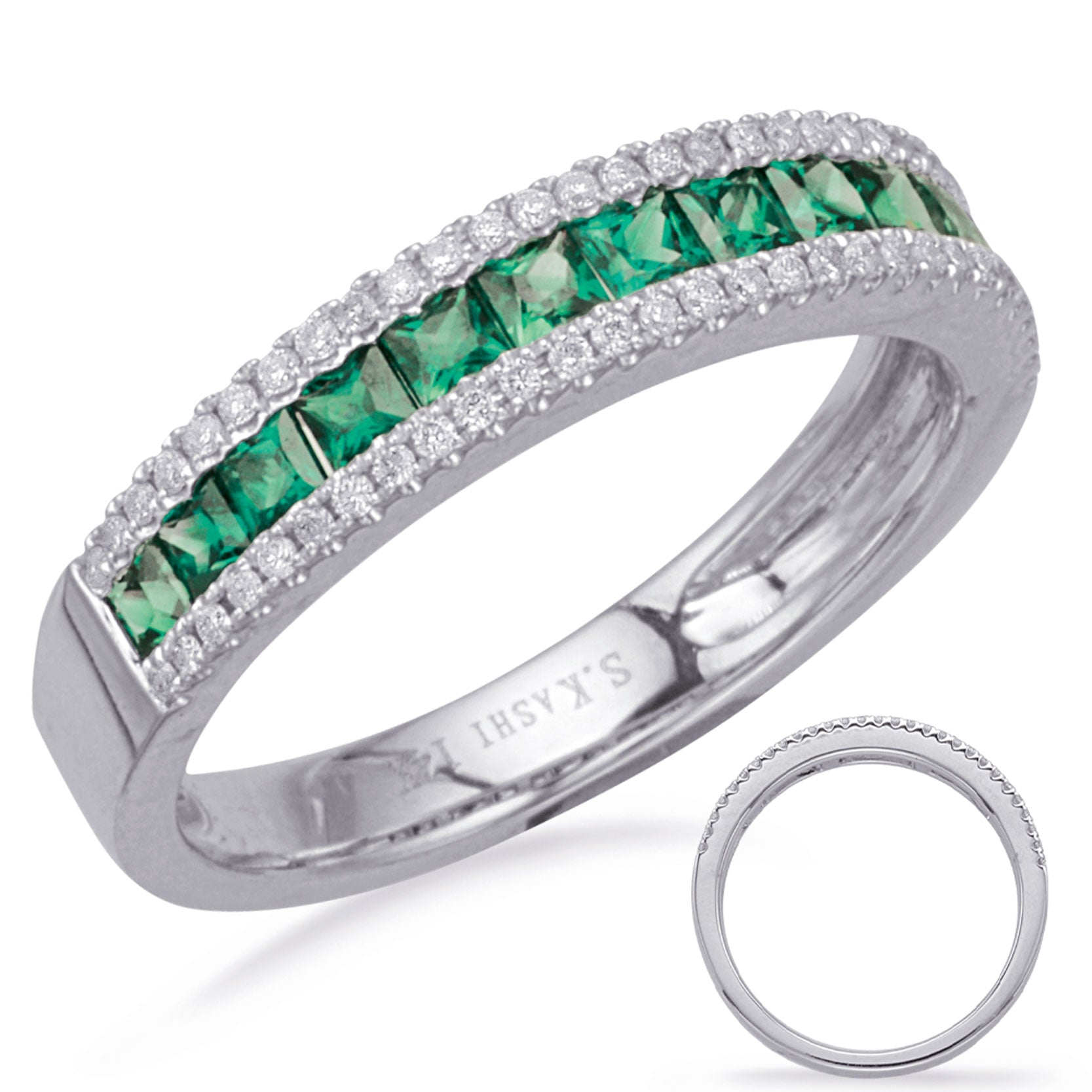 This Gem Stone Ring is available in 14K White Gold. There are a total of 71 stones. There are Emerald with a total carat weight of 0.62 set in a Channel Set|Micro Prong|Prong Set setting.There are Rounds stones with a total carat weight of 0.15 set in a Channel Set|Micro Prong|Prong Set.