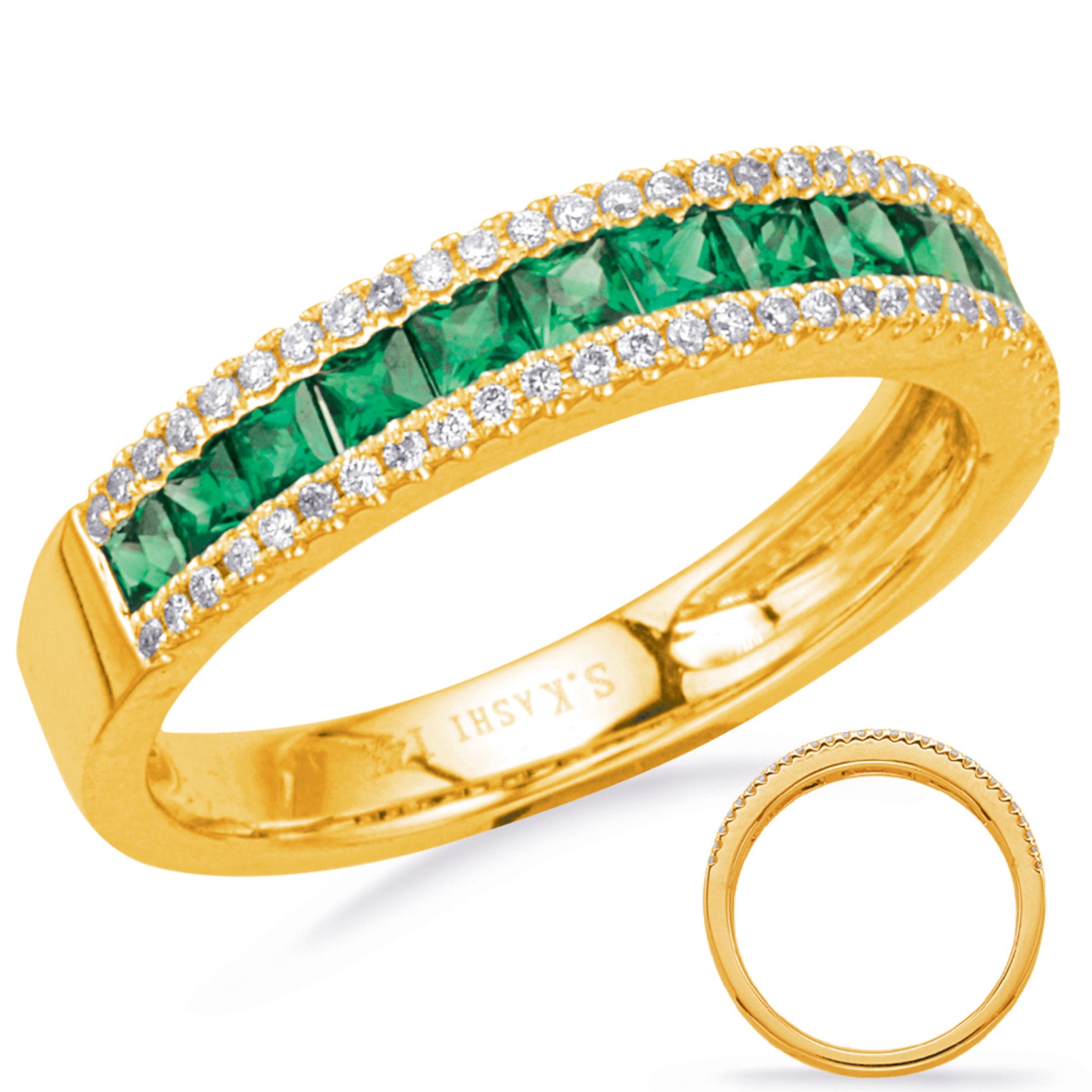 This Gem Stone Ring is available in 14K Yellow Gold. There are a total of 71 stones. There are Emerald with a total carat weight of 0.62 set in a Channel Set|Micro Prong|Prong Set setting.There are Rounds stones with a total carat weight of 0.15 set in a Channel Set|Micro Prong|Prong Set.