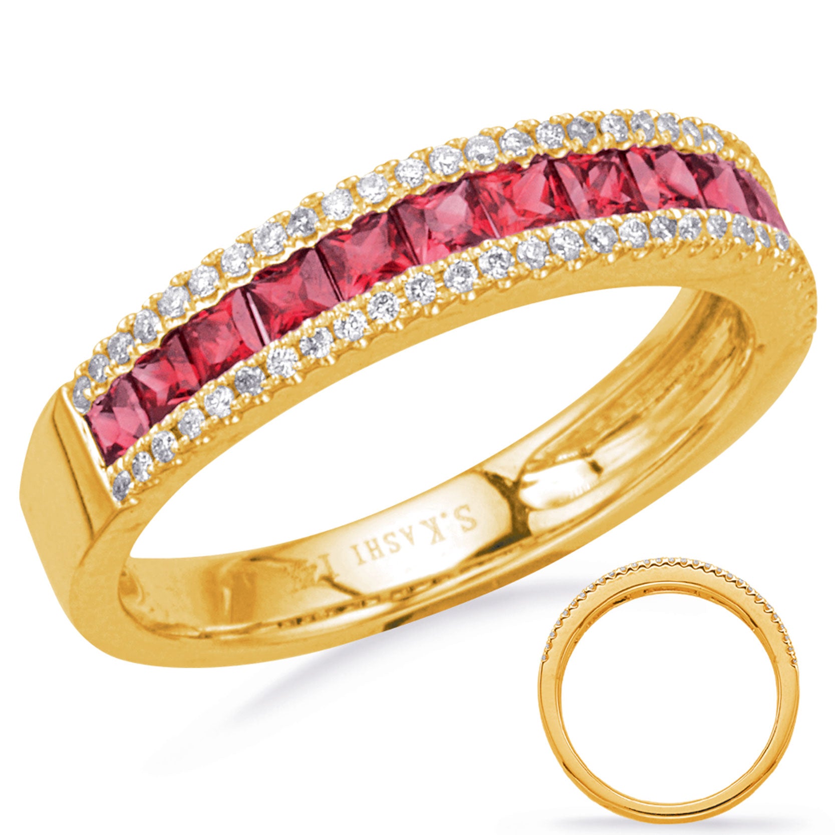 This Gem Stone Ring is available in 14K Yellow Gold. There are a total of 71 stones. There are Rounds with a total carat weight of 0.15 set in a Channel Set|Micro Prong|Prong Set setting.There are Ruby stones with a total carat weight of 0.82 set in a Channel Set|Micro Prong|Prong Set.