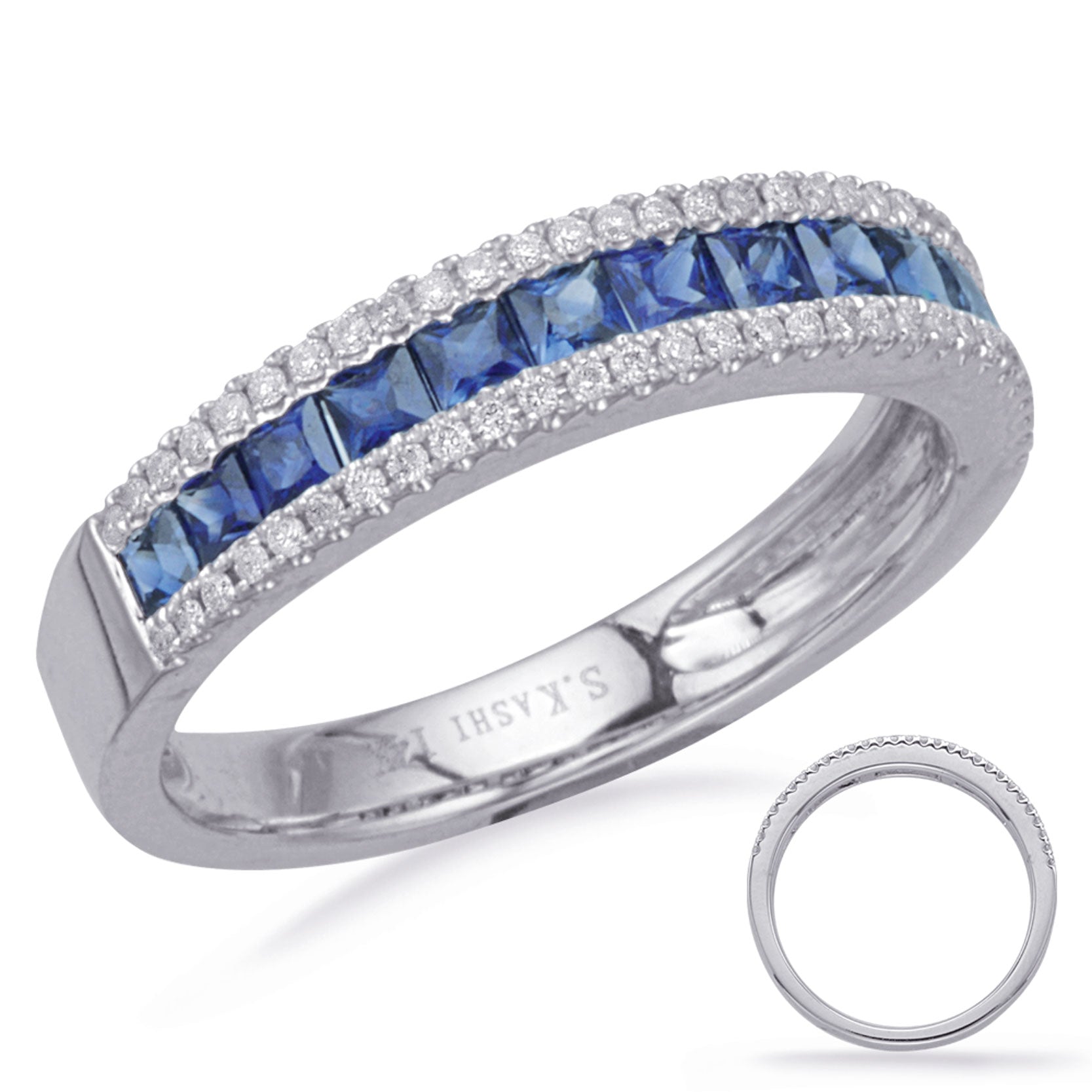 This Gem Stone Ring is available in 14K White Gold. There are a total of 71 stones. There are Rounds with a total carat weight of 0.15 set in a Channel Set|Micro Prong|Prong Set setting.There are Sapphire stones with a total carat weight of 0.76 set in a Channel Set|Micro Prong|Prong Set.