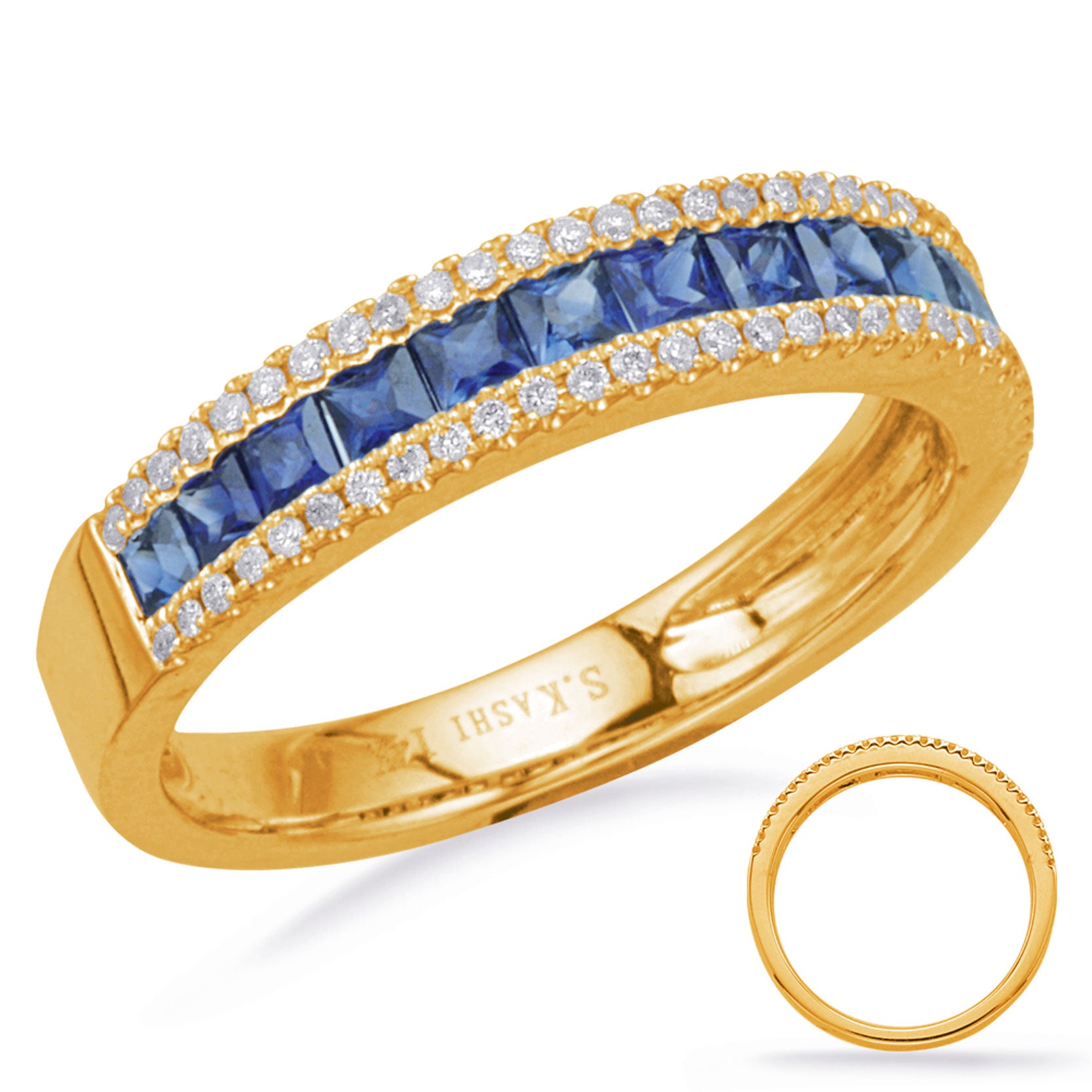 This Gem Stone Ring is available in 14K Yellow Gold. There are a total of 71 stones. There are Rounds with a total carat weight of 0.15 set in a Channel Set|Micro Prong|Prong Set setting.There are Sapphire stones with a total carat weight of 0.76 set in a Channel Set|Micro Prong|Prong Set.