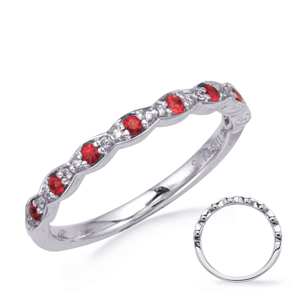 This Gem Stone Ring is available in 14K White Gold. There are a total of 24 stones. There are Rounds with a total carat weight of 0.06 set in a  setting.There are Ruby stones with a total carat weight of 0.17 set in a .