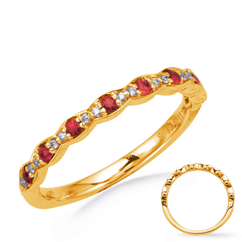This Gem Stone Ring is available in 14K Yellow Gold. There are a total of 24 stones. There are Rounds with a total carat weight of 0.06 set in a  setting.There are Ruby stones with a total carat weight of 0.17 set in a .
