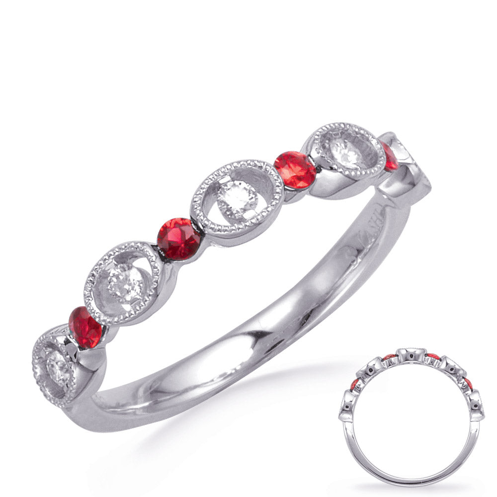 This Gem Stone Ring is available in 14K White Gold. There are a total of 9 stones. There are Rounds with a total carat weight of 0.12 set in a Channel Set setting.There are Ruby stones with a total carat weight of 0.21 set in a Channel Set.