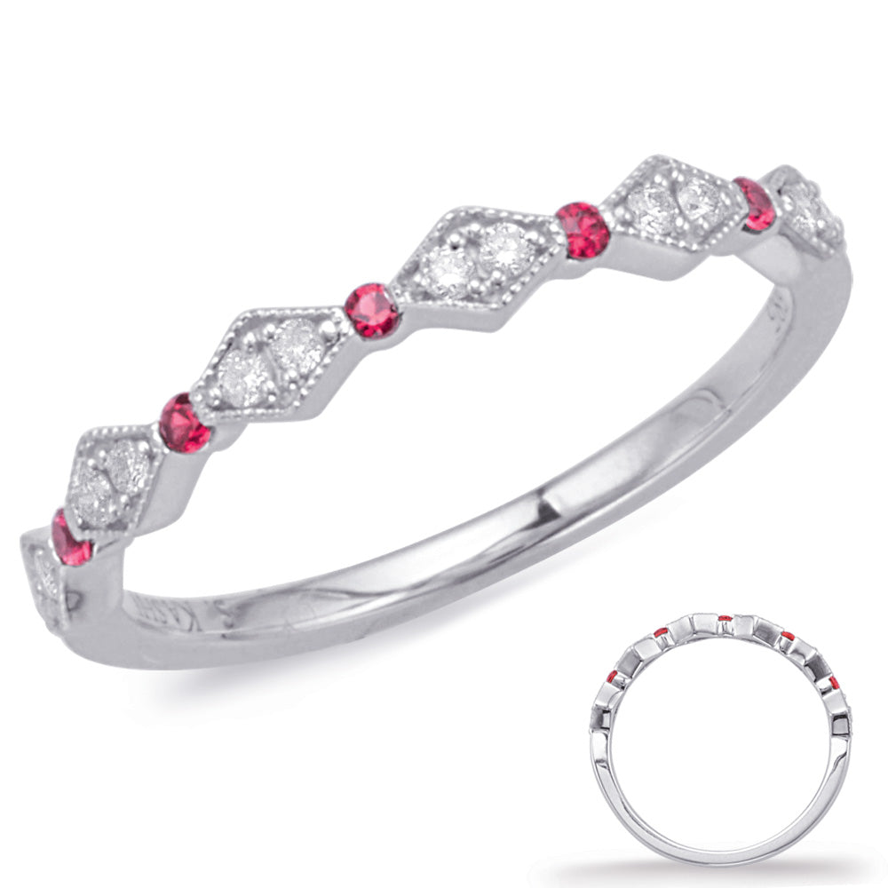 This Gem Stone Ring is available in 14K White Gold. There are a total of 17 stones. There are Rounds with a total carat weight of 0.1 set in a  setting.There are Ruby stones with a total carat weight of 0.07 set in a .
