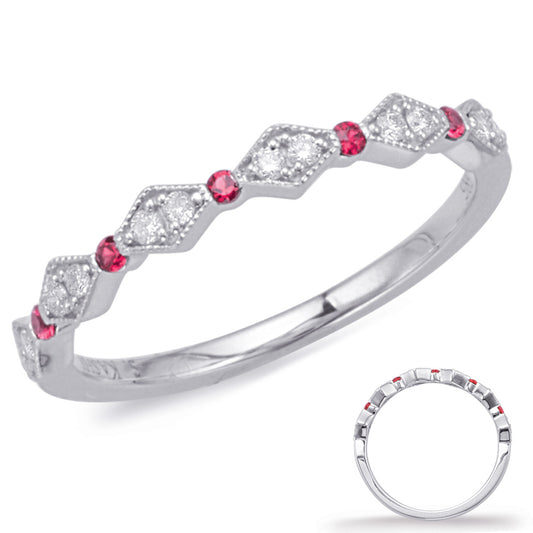 This Gem Stone Ring is available in 14K White Gold. There are a total of 17 stones. There are Rounds with a total carat weight of 0.1 set in a  setting.There are Ruby stones with a total carat weight of 0.07 set in a .