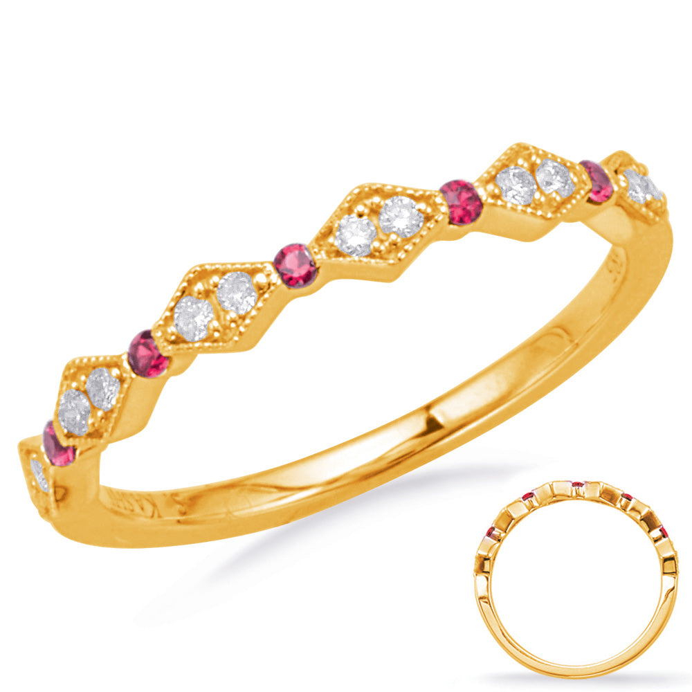This Gem Stone Ring is available in 14K Yellow Gold. There are a total of 17 stones. There are Rounds with a total carat weight of 0.1 set in a  setting.There are Ruby stones with a total carat weight of 0.07 set in a .