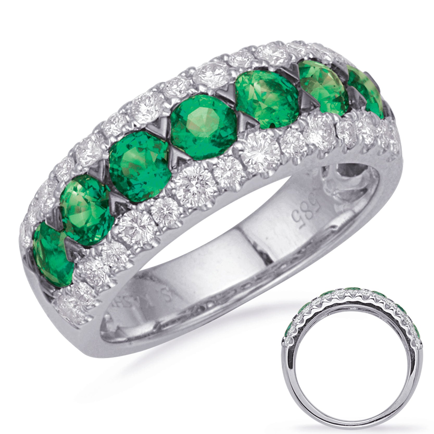 This Gem Stone Ring is available in 14K White Gold. There are a total of 37 stones. There are Emerald with a total carat weight of 1.12 set in a Channel Set|Micro Prong setting.There are Rounds stones with a total carat weight of 0.61 set in a Channel Set|Micro Prong.