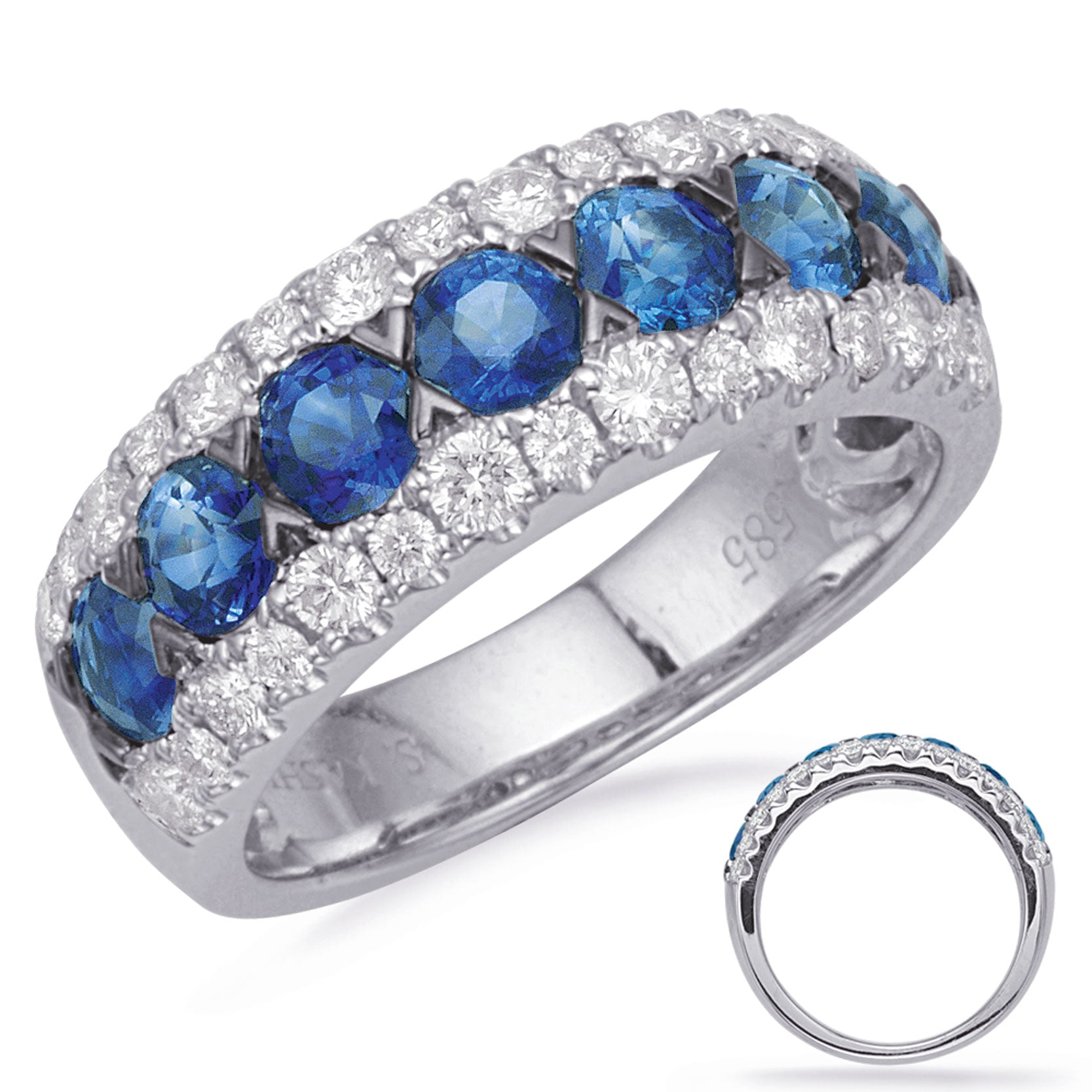 This Gem Stone Ring is available in 14K White Gold. There are a total of 37 stones. There are Rounds with a total carat weight of 0.61 set in a Channel Set|Micro Prong setting.There are Sapphire stones with a total carat weight of 1.79 set in a Channel Set|Micro Prong.