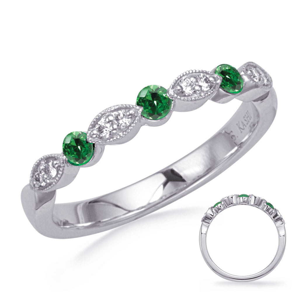 This Gem Stone Ring is available in 14K White Gold. There are a total of 11 stones. There are Emerald with a total carat weight of 0.2 set in a Channel Set|Prong Set setting.There are Rounds stones with a total carat weight of 0.08 set in a Channel Set|Prong Set.