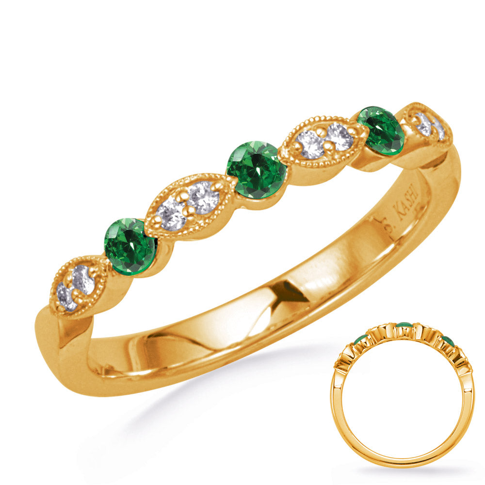 This Gem Stone Ring is available in 14K Yellow Gold. There are a total of 11 stones. There are Emerald with a total carat weight of 0.2 set in a Channel Set|Prong Set setting.There are Rounds stones with a total carat weight of 0.08 set in a Channel Set|Prong Set.