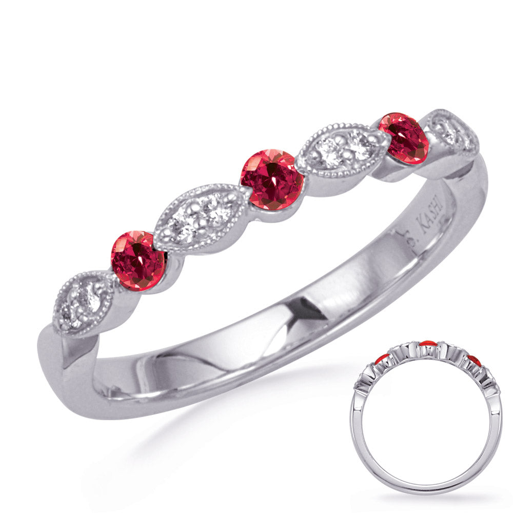 This Gem Stone Ring is available in 14K White Gold. There are a total of 11 stones. There are Rounds with a total carat weight of 0.08 set in a Channel Set|Prong Set setting.There are Ruby stones with a total carat weight of 0.29 set in a Channel Set|Prong Set.