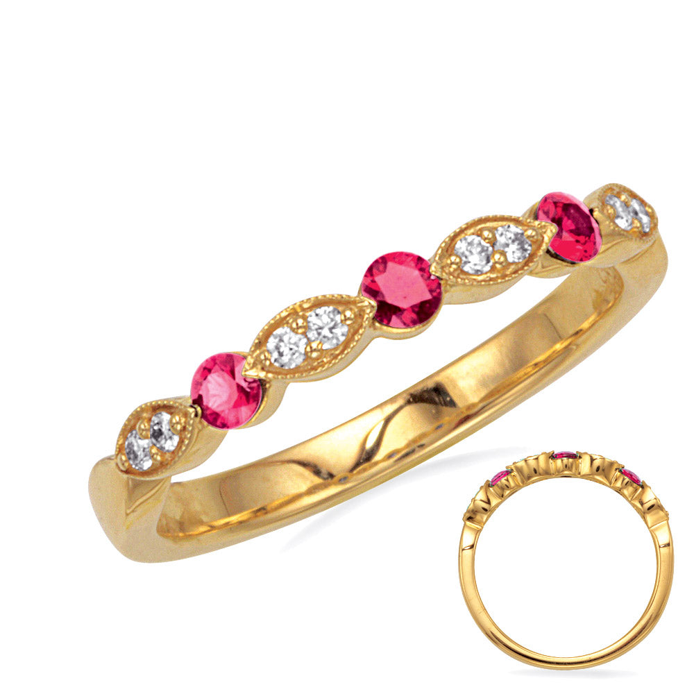 This Gem Stone Ring is available in 14K Yellow Gold. There are a total of 11 stones. There are Rounds with a total carat weight of 0.08 set in a Channel Set|Prong Set setting.There are Ruby stones with a total carat weight of 0.29 set in a Channel Set|Prong Set.