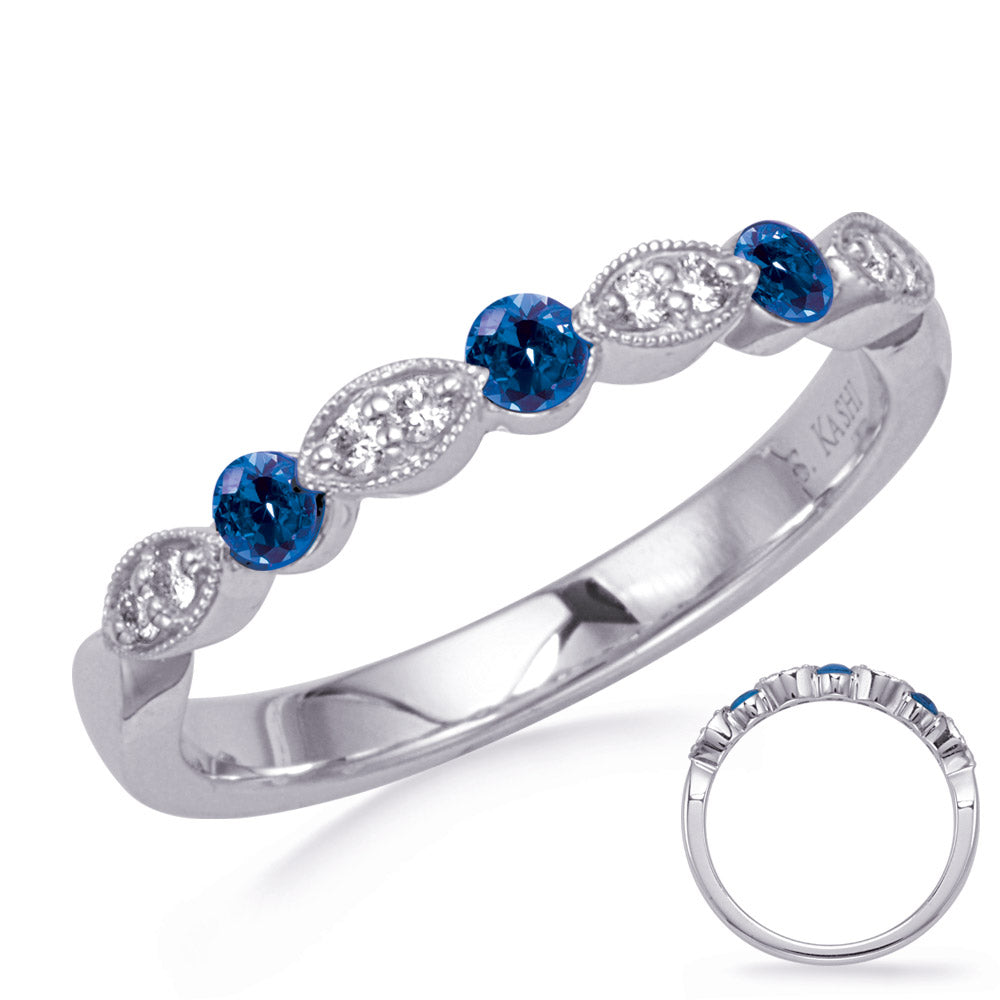 This Gem Stone Ring is available in 14K White Gold. There are a total of 11 stones. There are Rounds with a total carat weight of 0.08 set in a Channel Set|Prong Set setting.There are Sapphire stones with a total carat weight of 0.26 set in a Channel Set|Prong Set.