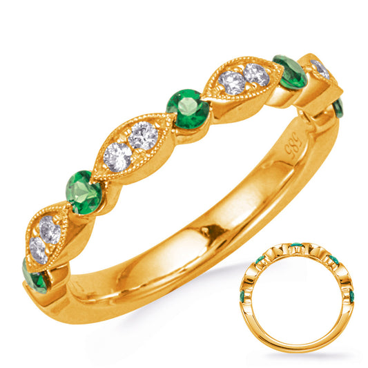 This Gem Stone Ring is available in 14K Yellow Gold. There are a total of 13 stones. There are Emerald with a total carat weight of 0.31 set in a Channel Set|Micro Prong setting.There are Rounds stones with a total carat weight of 0.15 set in a Channel Set|Micro Prong.