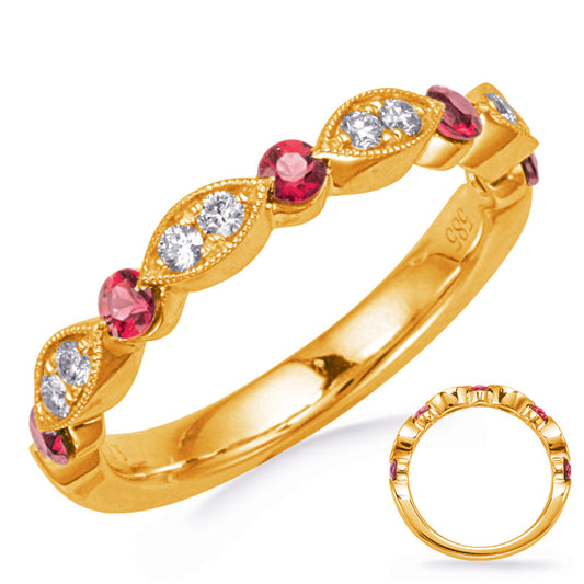This Gem Stone Ring is available in 14K Yellow Gold. There are a total of 13 stones. There are Rounds with a total carat weight of 0.15 set in a Channel Set|Micro Prong setting.There are Ruby stones with a total carat weight of 0.4 set in a Channel Set|Micro Prong.