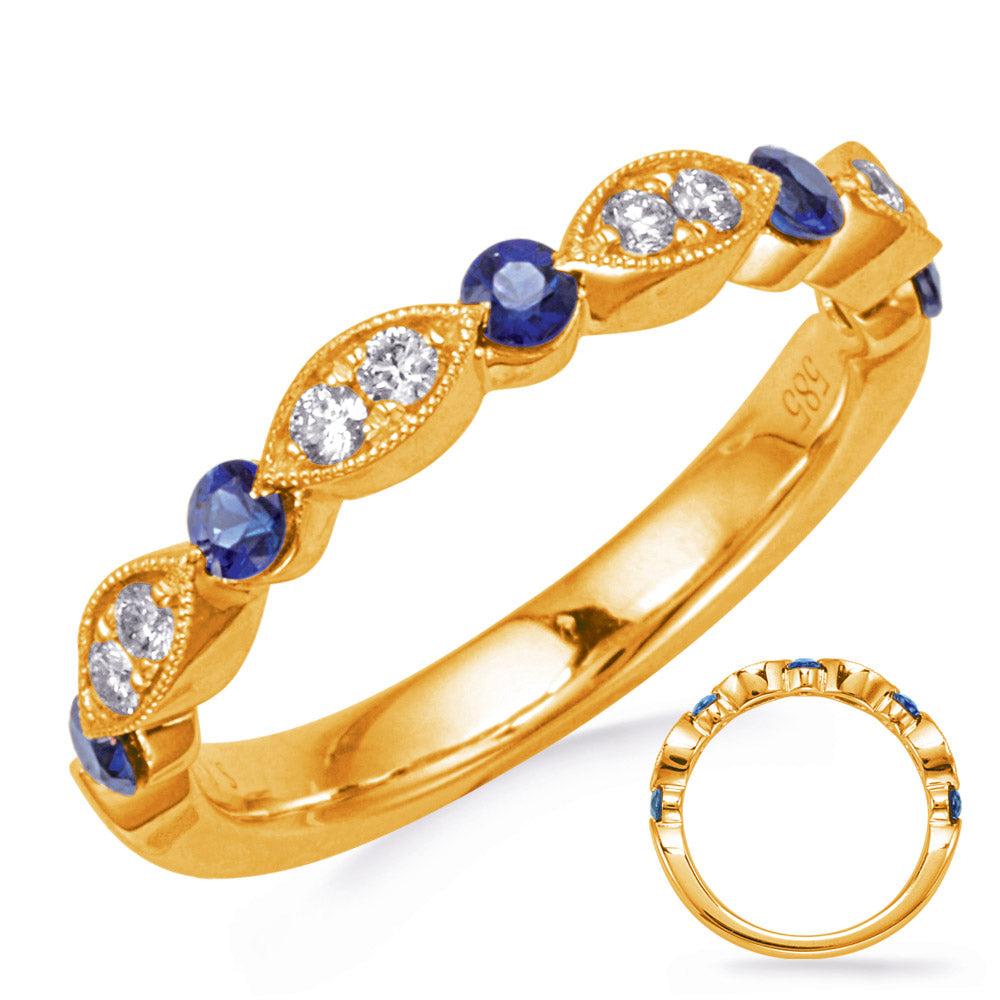 This Gem Stone Ring is available in 14K Yellow Gold. There are a total of 13 stones. There are Rounds with a total carat weight of 0.15 set in a Channel Set|Micro Prong setting.There are Sapphire stones with a total carat weight of 0.41 set in a Channel Set|Micro Prong.