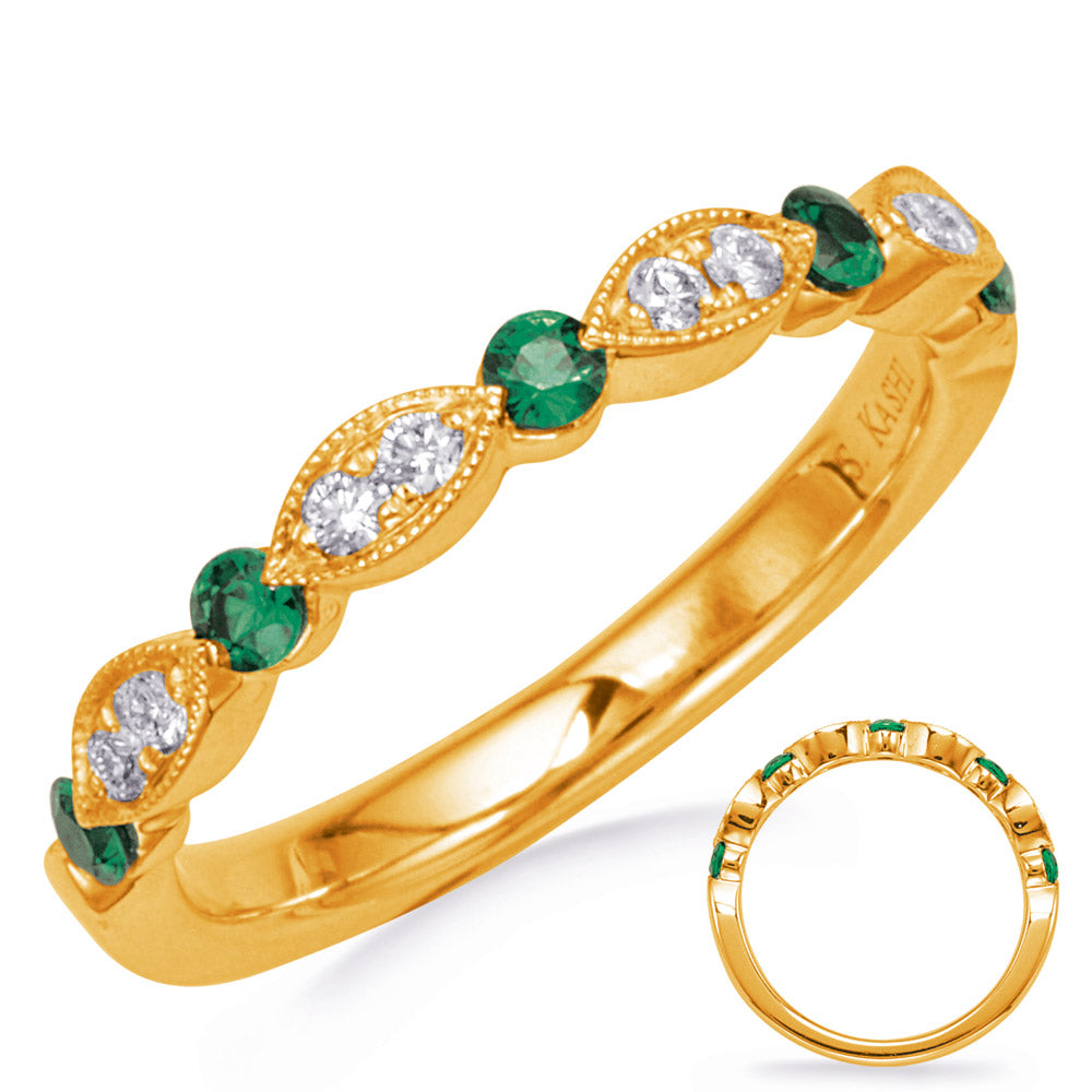 This Gem Stone Ring is available in 14K Yellow Gold. There are a total of 13 stones. There are Emerald with a total carat weight of 0.19 set in a Channel Set|Micro Prong|Prong Set setting.There are Rounds stones with a total carat weight of 0.1 set in a Channel Set|Micro Prong|Prong Set.
