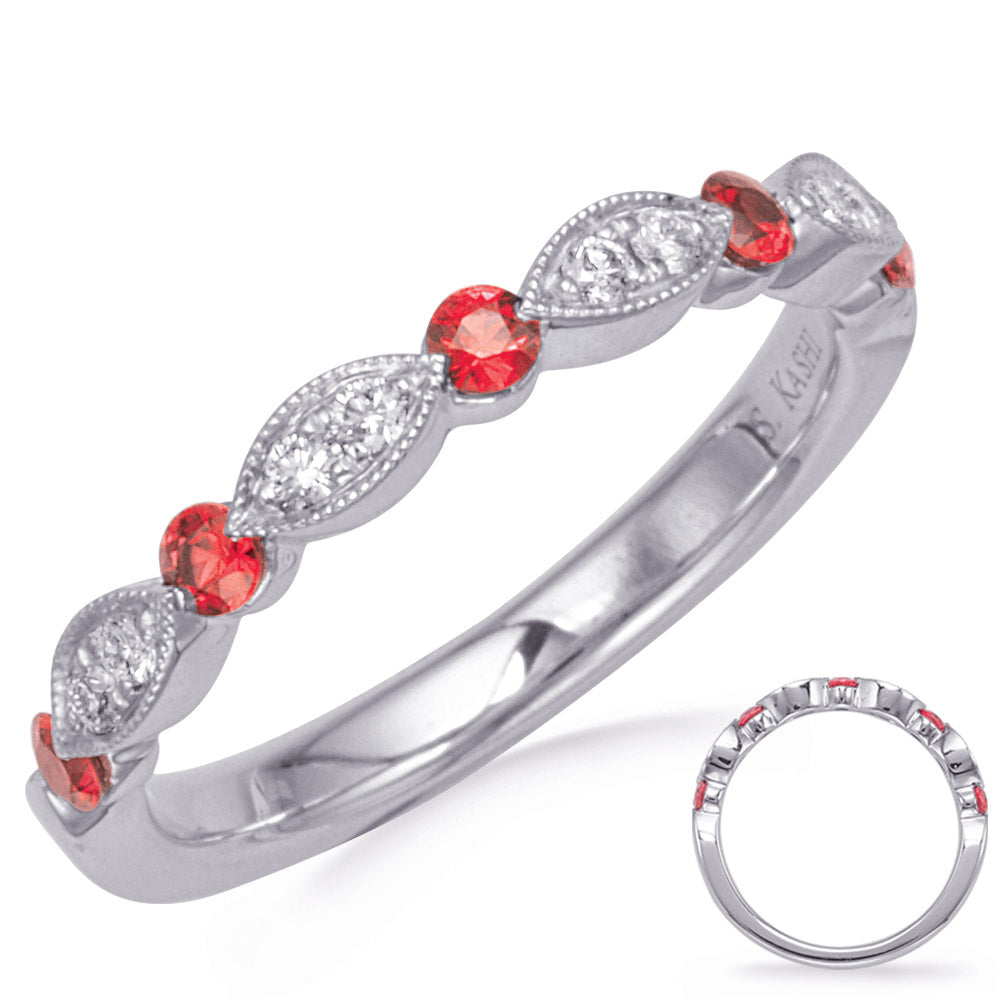 This Gem Stone Ring is available in 14K White Gold. There are a total of 13 stones. There are Rounds with a total carat weight of 0.1 set in a Channel Set|Micro Prong|Prong Set setting.There are Ruby stones with a total carat weight of 0.27 set in a Channel Set|Micro Prong|Prong Set.
