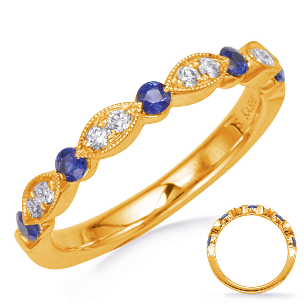 This Gem Stone Ring is available in 14K Yellow Gold. There are a total of 13 stones. There are Rounds with a total carat weight of 0.1 set in a Channel Set|Micro Prong|Prong Set setting.There are Sapphire stones with a total carat weight of 0.28 set in a Channel Set|Micro Prong|Prong Set.