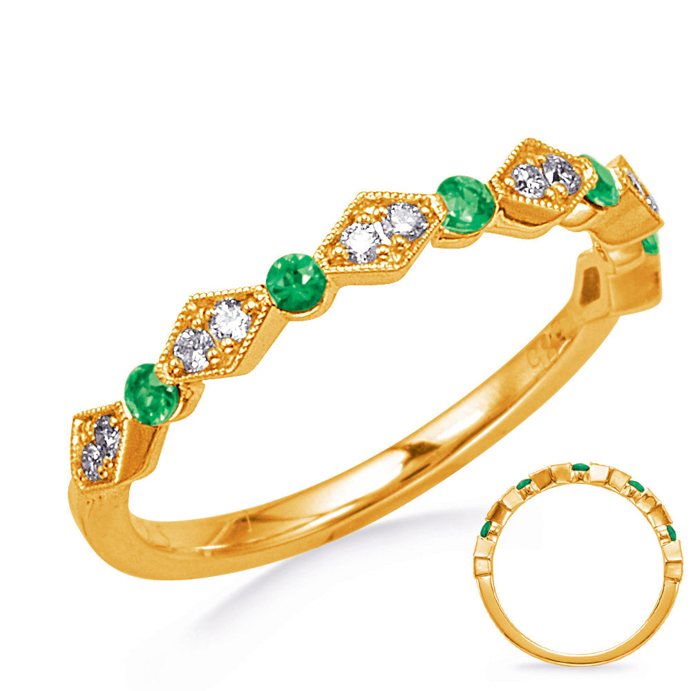 This Gem Stone Ring is available in 14K Yellow Gold. There are a total of 17 stones. There are Emerald with a total carat weight of 0.14 set in a Channel Set|Micro Prong setting.There are Rounds stones with a total carat weight of 0.12 set in a Channel Set|Micro Prong.