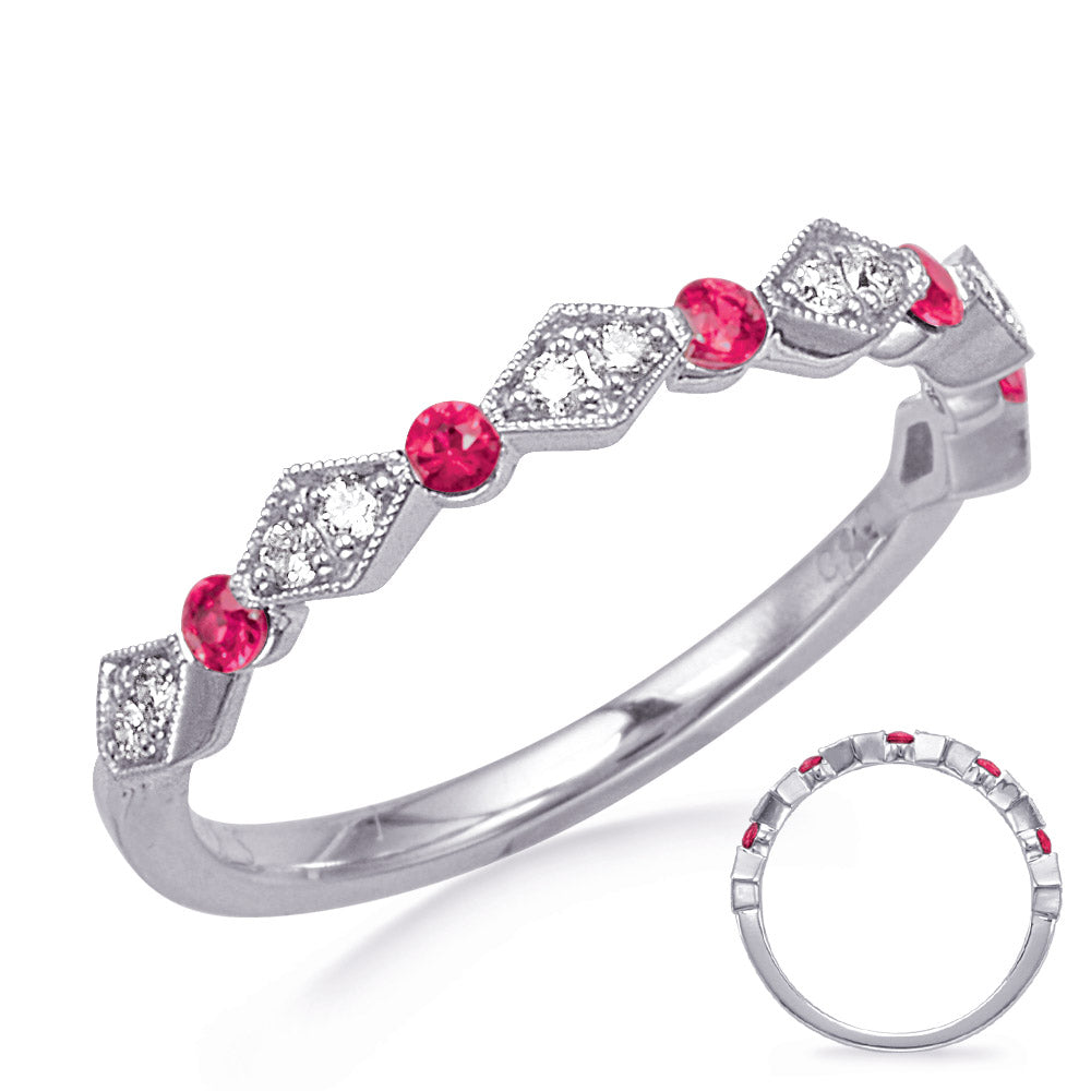 This Gem Stone Ring is available in 14K White Gold. There are a total of 17 stones. There are Rounds with a total carat weight of 0.12 set in a Channel Set|Micro Prong setting.There are Ruby stones with a total carat weight of 0.18 set in a Channel Set|Micro Prong.