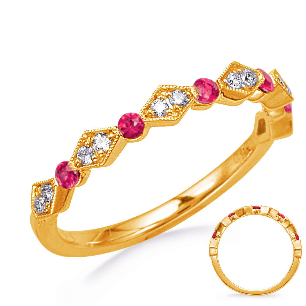 This Gem Stone Ring is available in 14K Yellow Gold. There are a total of 17 stones. There are Rounds with a total carat weight of 0.12 set in a Channel Set|Micro Prong setting.There are Ruby stones with a total carat weight of 0.18 set in a Channel Set|Micro Prong.