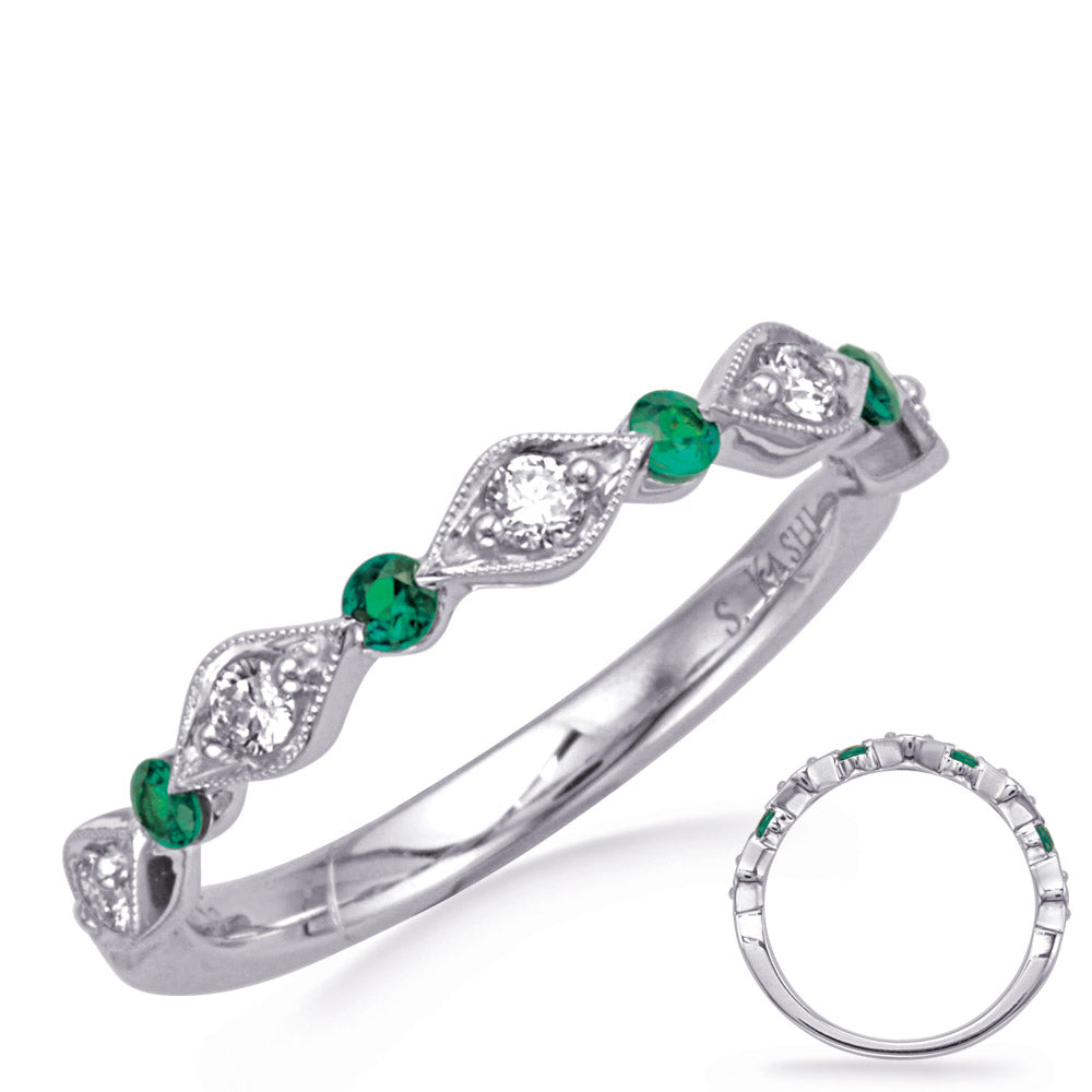 This Gem Stone Ring is available in 14K White Gold. There are a total of 9 stones. There are Emerald with a total carat weight of 0.12 set in a Channel Set|Micro Prong setting.There are Rounds stones with a total carat weight of 0.16 set in a Channel Set|Micro Prong.