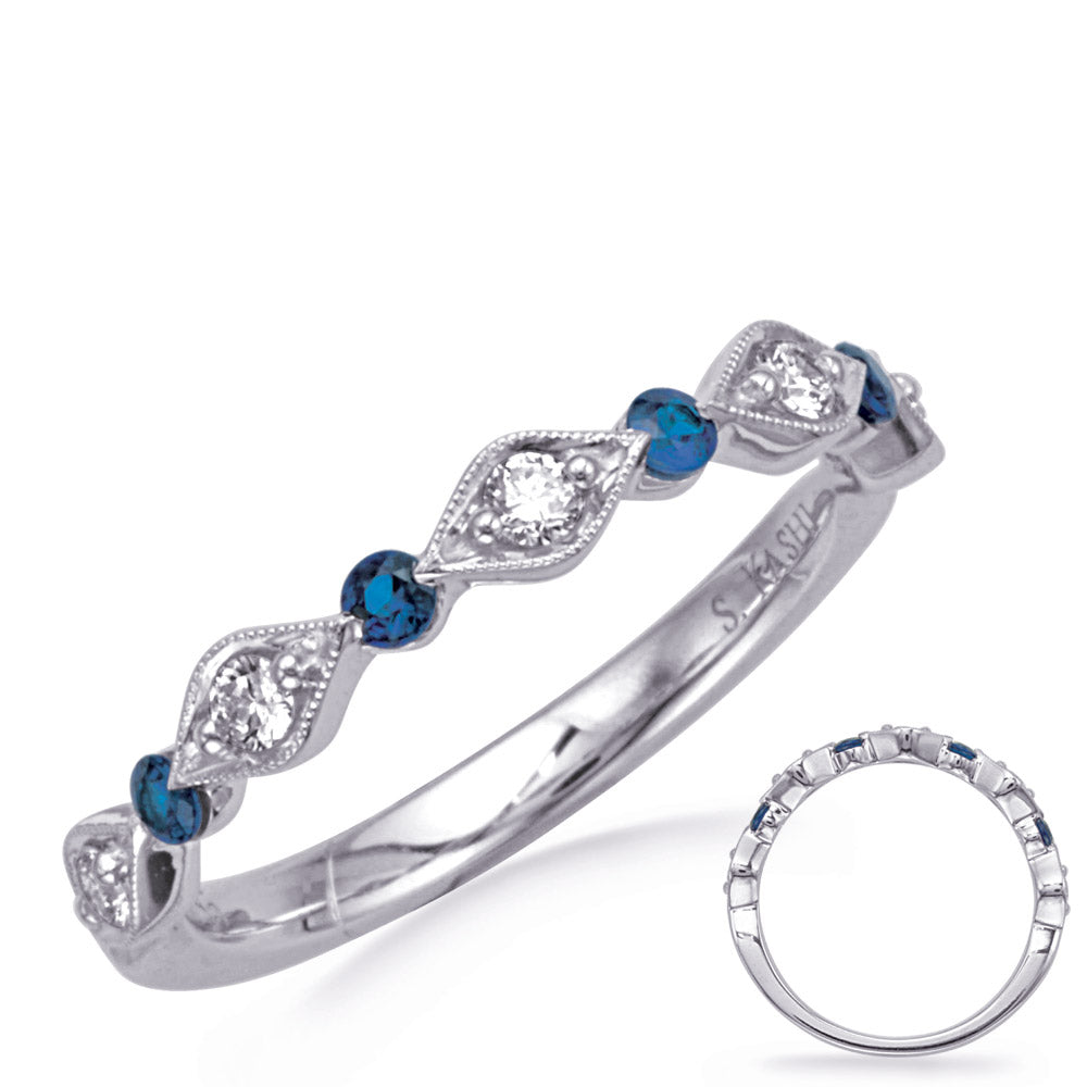 This Gem Stone Ring is available in 14K White Gold. There are a total of 9 stones. There are Rounds with a total carat weight of 0.16 set in a Channel Set|Micro Prong setting.There are Sapphire stones with a total carat weight of 0.18 set in a Channel Set|Micro Prong.