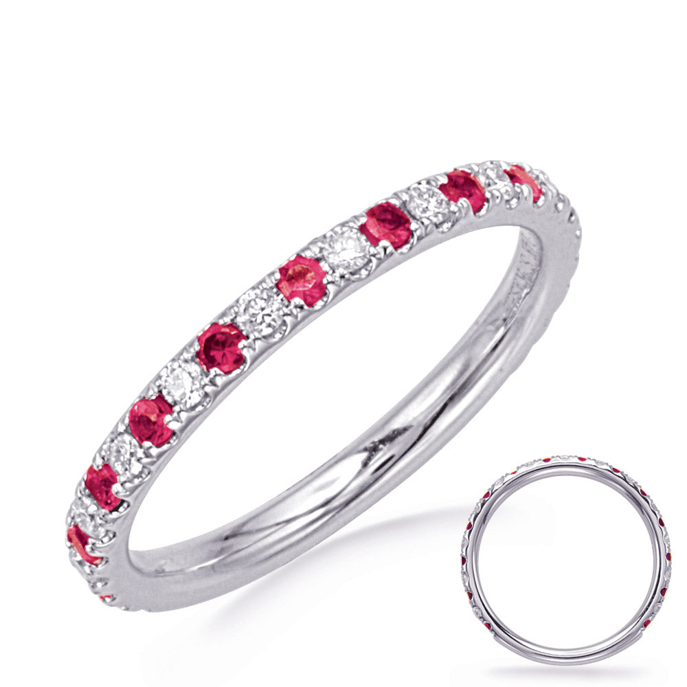 This Gem Stone Ring is available in 14K White Gold. There are a total of 27 stones. There are Rounds with a total carat weight of 0.21 set in a Micro Prong setting.There are Ruby stones with a total carat weight of 0.32 set in a Micro Prong.
