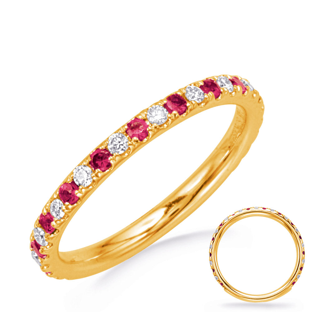 This Gem Stone Ring is available in 14K Yellow Gold. There are a total of 27 stones. There are Rounds with a total carat weight of 0.21 set in a Micro Prong setting.There are Ruby stones with a total carat weight of 0.32 set in a Micro Prong.