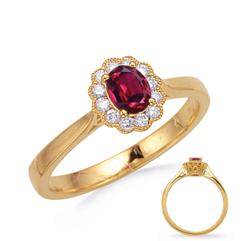 This Gem Stone Ring is available in 14K Yellow Gold. There are a total of 13 stones. There are Rounds with a total carat weight of 0.17 set in a Micro Prong setting.There are Ruby stones with a total carat weight of 0.4 set in a Micro Prong.