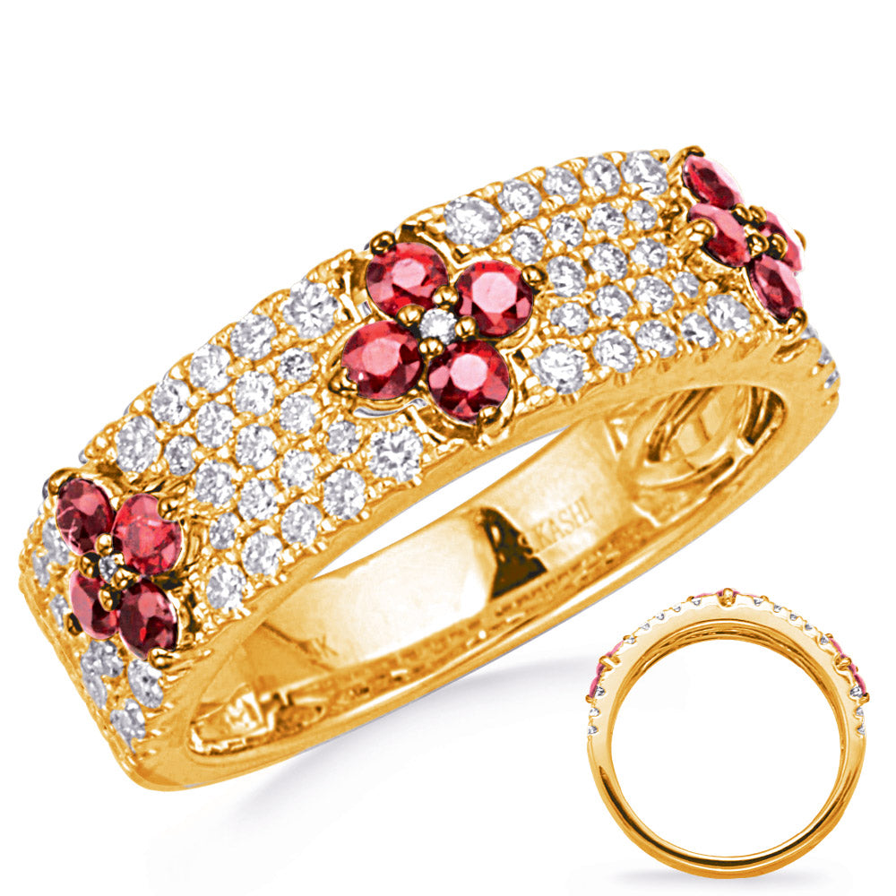 This Gem Stone Ring is available in 14K Yellow Gold. There are a total of 81 stones. There are Rounds with a total carat weight of 0.57 set in a Micro Prong setting.There are Ruby stones with a total carat weight of 0.56 set in a Micro Prong.