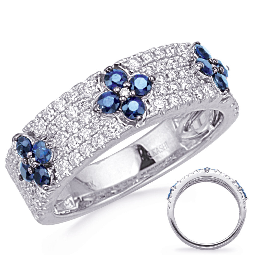 This Gem Stone Ring is available in 14K White Gold. There are a total of 81 stones. There are Rounds with a total carat weight of 0.57 set in a Micro Prong setting.There are Sapphire stones with a total carat weight of 0.53 set in a Micro Prong.