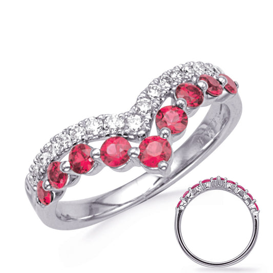 This Gem Stone Ring is available in 14K White Gold. There are a total of 26 stones. There are Rounds with a total carat weight of 0.25 set in a Prong Set setting.There are Ruby stones with a total carat weight of 0.73 set in a Prong Set.