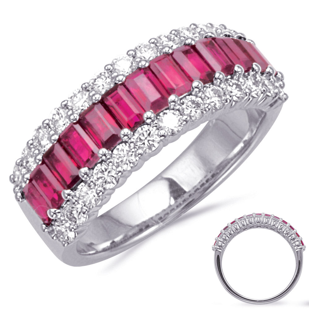 This Gem Stone Ring is available in 14K White Gold. There are a total of 39 stones. There are Rounds with a total carat weight of 0.77 set in a Prong Set setting.There are Ruby stones with a total carat weight of 1.9 set in a Prong Set.