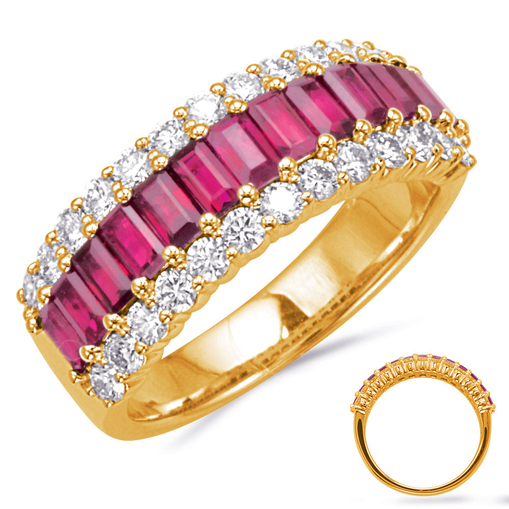 This Gem Stone Ring is available in 14K Yellow Gold. There are a total of 39 stones. There are Rounds with a total carat weight of 0.77 set in a Prong Set setting.There are Ruby stones with a total carat weight of 1.9 set in a Prong Set.