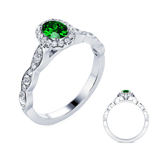 This Gem Stone Ring is available in 14K White Gold. There are a total of 35 stones. There are Emerald with a total carat weight of 0.4 set in a Micro Prong setting.There are Rounds stones with a total carat weight of 0.29 set in a Micro Prong.