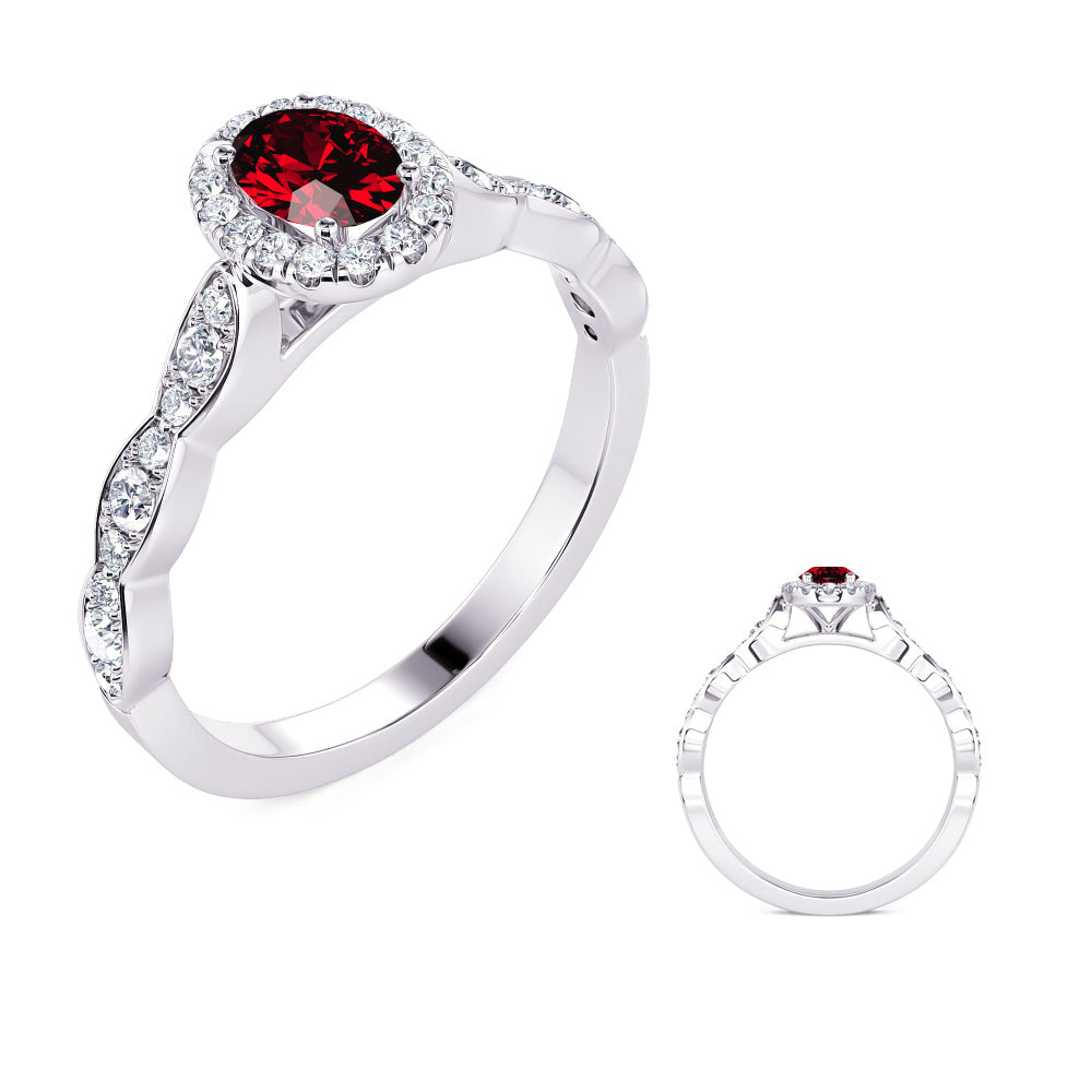 This Gem Stone Ring is available in 14K White Gold. There are a total of 35 stones. There are Rounds with a total carat weight of 0.29 set in a Micro Prong setting.There are Ruby stones with a total carat weight of 0.58 set in a Micro Prong.