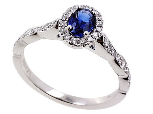 This Gem Stone Ring is available in 14K White Gold. There are a total of 35 stones. There are Rounds with a total carat weight of 0.29 set in a Micro Prong setting.There are Sapphire stones with a total carat weight of 0.66 set in a Micro Prong.