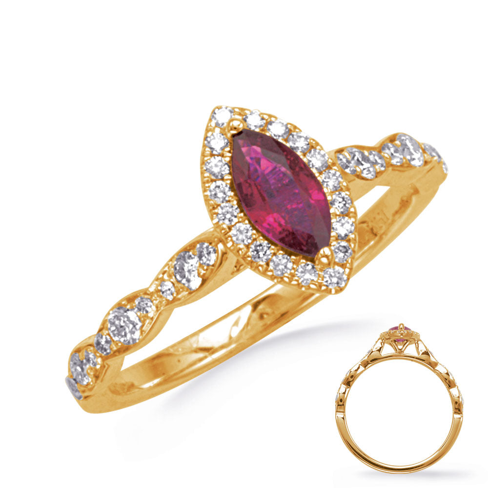 This Gem Stone Ring is available in 14K Yellow Gold. There are a total of 37 stones. There are Rounds with a total carat weight of 0.31 set in a Micro Prong setting.There are Ruby stones with a total carat weight of 0.48 set in a Micro Prong.