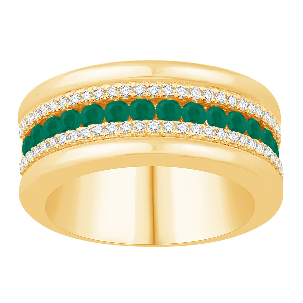 This Gem Stone Ring is available in 14K Yellow Gold. There are a total of 73 stones. There are Emerald with a total carat weight of 0.56 set in a Channel Set|Micro Prong setting.There are Rounds stones with a total carat weight of 0.27 set in a Channel Set|Micro Prong.
