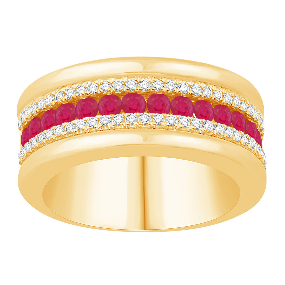 This Gem Stone Ring is available in 14K Yellow Gold. There are a total of 73 stones. There are Rounds with a total carat weight of 0.27 set in a Channel Set|Micro Prong setting.There are Ruby stones with a total carat weight of 0.63 set in a Channel Set|Micro Prong.