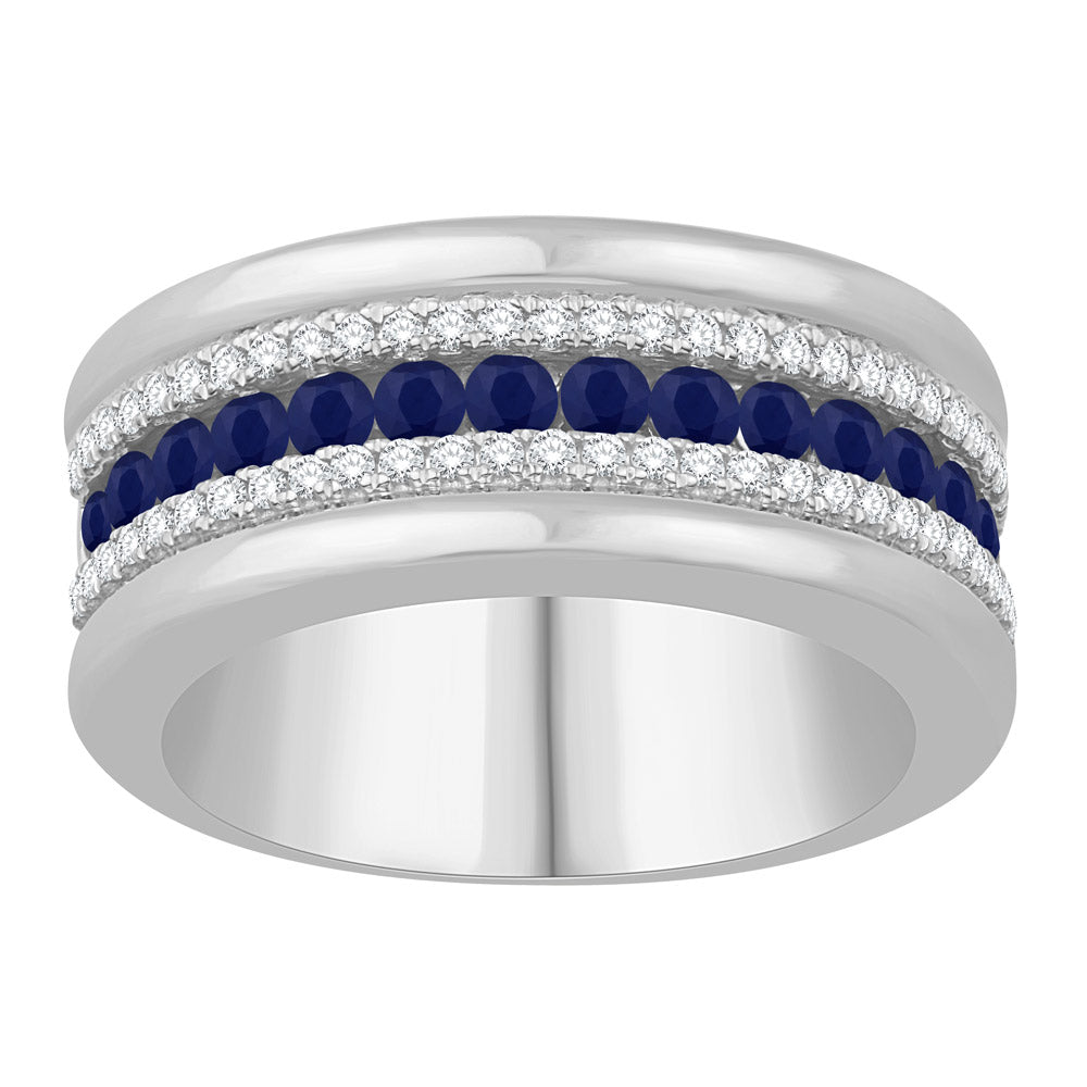This Gem Stone Ring is available in 14K White Gold. There are a total of 73 stones. There are Rounds with a total carat weight of 0.27 set in a Channel Set|Micro Prong setting.There are Sapphire stones with a total carat weight of 0.62 set in a Channel Set|Micro Prong.