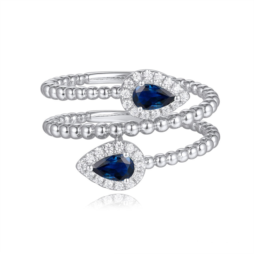 This Gem Stone Ring is available in 14K White Gold. There are a total of 30 stones. There are Rounds with a total carat weight of 0.14 set in a Micro Prong|Prong Set setting.There are Sapphire stones with a total carat weight of 0.51 set in a Micro Prong|Prong Set.
