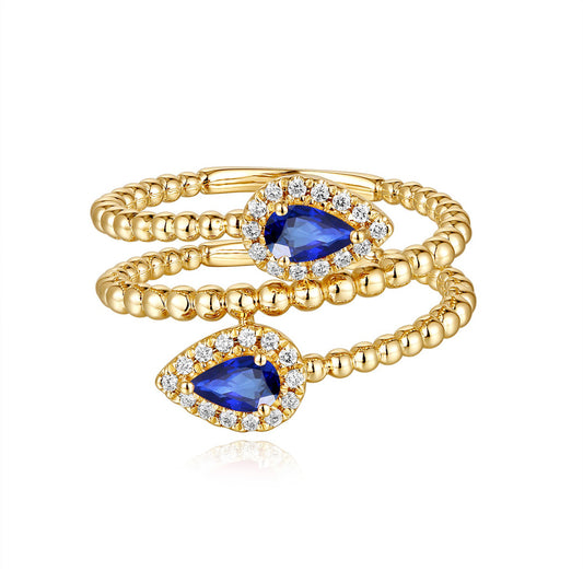 This Gem Stone Ring is available in 14K Yellow Gold. There are a total of 30 stones. There are Rounds with a total carat weight of 0.14 set in a Micro Prong|Prong Set setting.There are Sapphire stones with a total carat weight of 0.51 set in a Micro Prong|Prong Set.